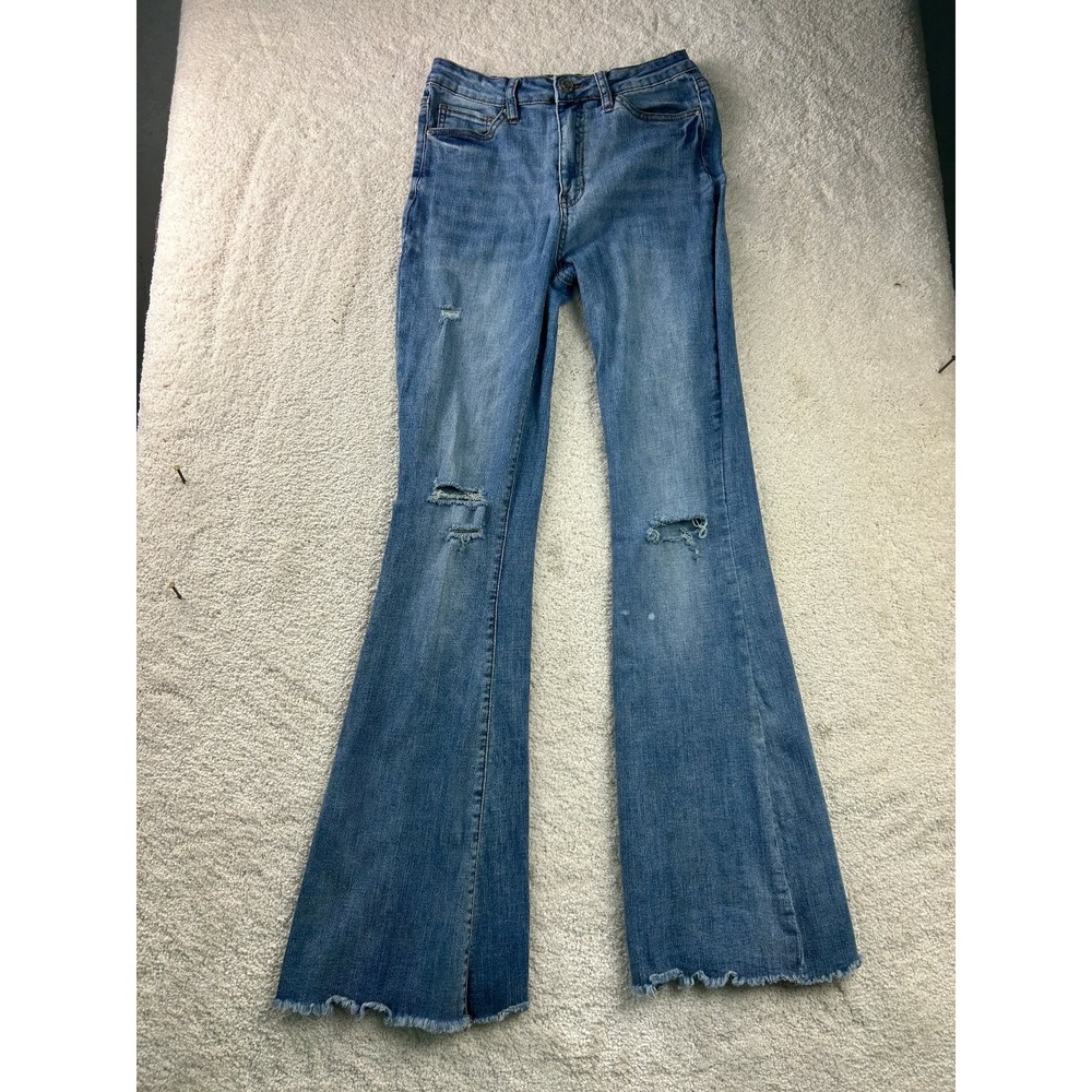 YMI Women's High-Rise Flare Jeans Size 7/28 Light Wash Distressed